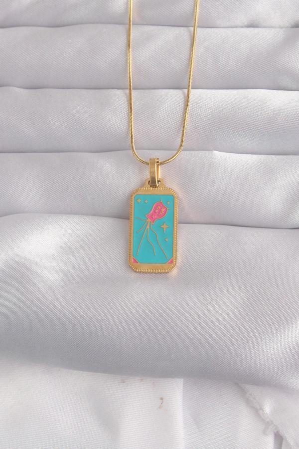 316L Çelik Gold Renk Mavi Mineli Tarot Kolye - EBJ240912W27734 - Image 1
