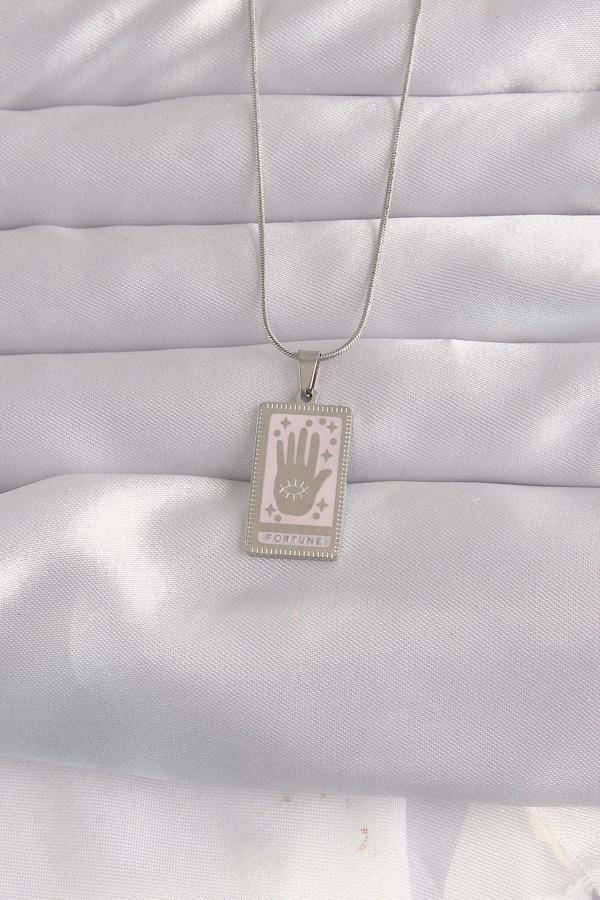 316L Çelik Gümüş Renk Pembe Mineli El Figür Tarot Kolye - EBJ240912W27754 - Image 1