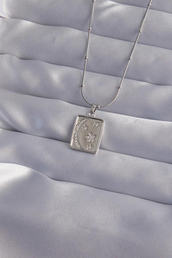 316L Çelik Zincir Gümüş Renk Zirkon Taşlı Ay Yıldız Figürlü Tarot Kolye - EBJ240912W27690 - Image 1