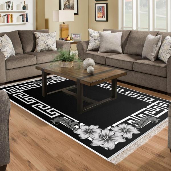 Dekoreko Kaymaz Taban Djt Salon Halısı Yıldız Deri Saçaklı Modern Kt494 Siyah - Image 1