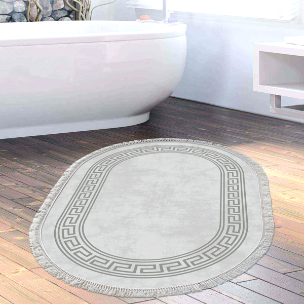 Dekoreko Kaymaz Taban Djt Banyo Halısı Star Pamuk Saçaklı Oval Modern 626M Gri - Image 1