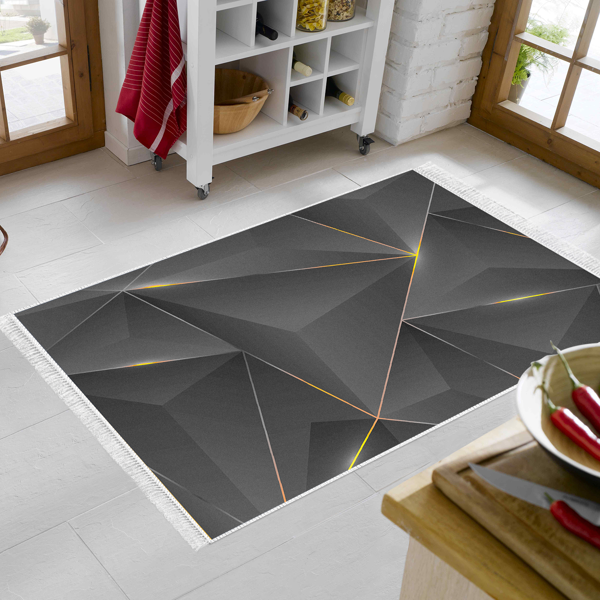 Dekoreko Kaymaz Taban Djt Mutfak Halısı Star Pamuk Saçaklı Modern F5005 Gold Siyah - Image 1