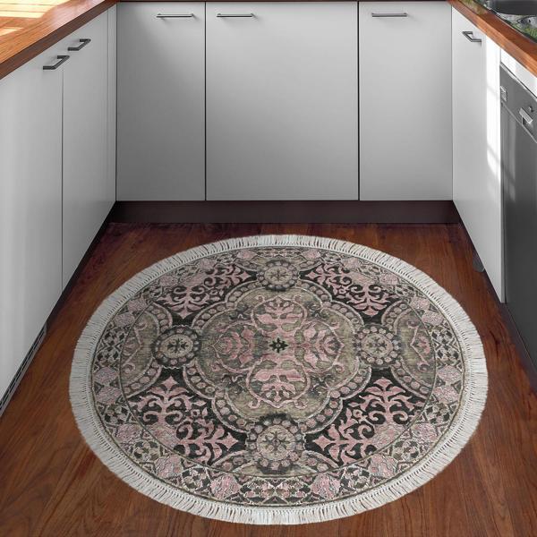 Dekoreko Kaymaz Taban Djt Mutfak Halısı Star Pamuk Saçaklı Yuvarlak Modern 659M Pudra - Image 1