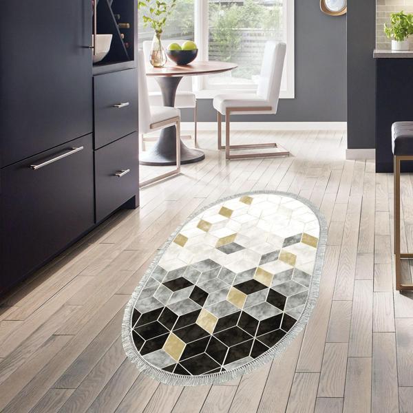 Dekoreko Kaymaz Taban Djt Mutfak Halısı Trend Saçaklı Oval İskandinav 2146M Krem - Image 1