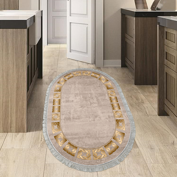 Dekoreko Kaymaz Taban Djt Mutfak Halısı Trend Saçaklı Oval Modern 691M Camel - Image 1