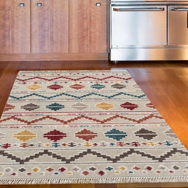 Dekoreko Kaymaz Taban Djt Mutfak Halısı Yıldız Deri Saçaklı İskandinav F5001 Renkli - Image 1