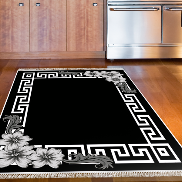 Dekoreko Kaymaz Taban Djt Mutfak Halısı Yıldız Deri Saçaklı Modern Kt494 Siyah - Image 1