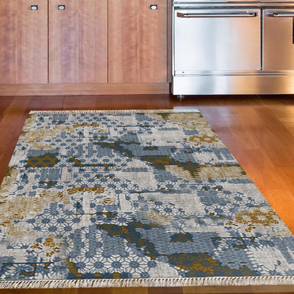 Dekoreko Kaymaz Taban Djt Mutfak Halısı Yıldız Deri Saçaklı Modern M5015 Mavi - Image 1