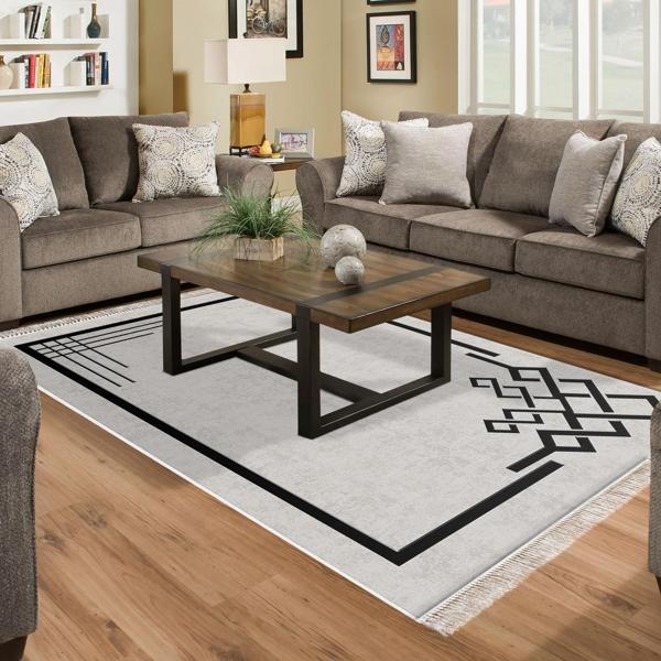 Dekoreko Kaymaz Taban Djt Salon Halısı Star Pamuk Saçaklı Modern 1919 Gri Siyah - Image 1