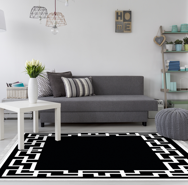 Dekoreko Kaymaz Taban Djt Salon Halısı Star Pamuk Saçaklı Modern F5035 Siyah - Image 1