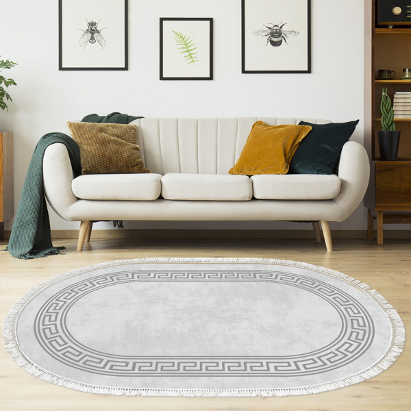Dekoreko Kaymaz Taban Djt Salon Halısı Star Pamuk Saçaklı Oval Modern 626M Gri - Image 1