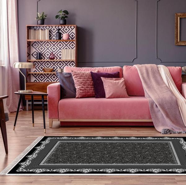 Dekoreko Kaymaz Taban Djt Salon Halısı Trend Saçaklı Modern 1692 Siyah - Image 1