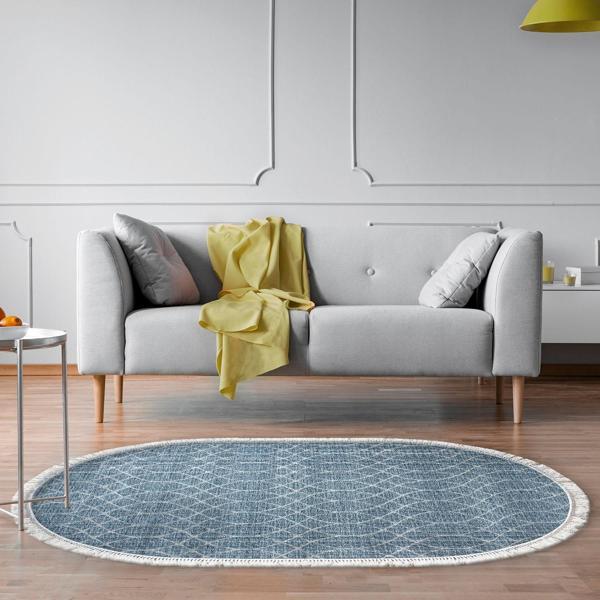 Dekoreko Kaymaz Taban Djt Salon Halısı Trend Saçaklı Oval İskandinav F5084 Lacivert - Image 1