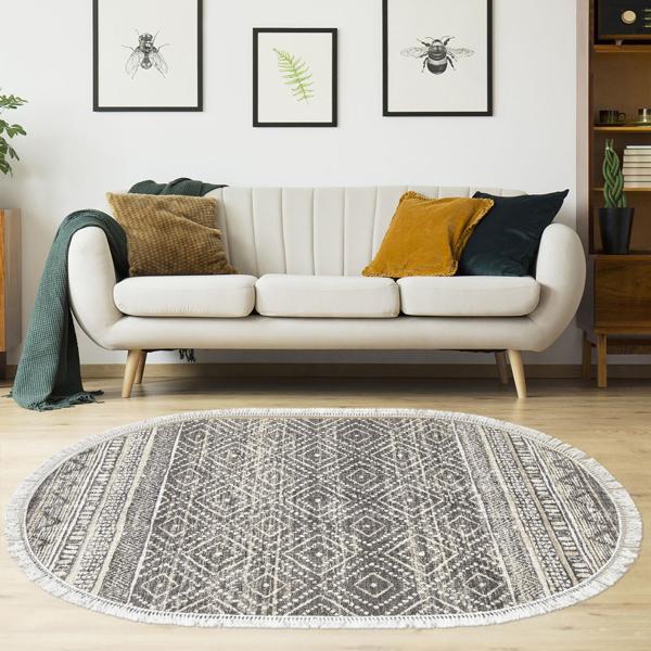 Dekoreko Kaymaz Taban Djt Salon Halısı Trend Saçaklı Oval İskandinav F5087 Gri - Image 1