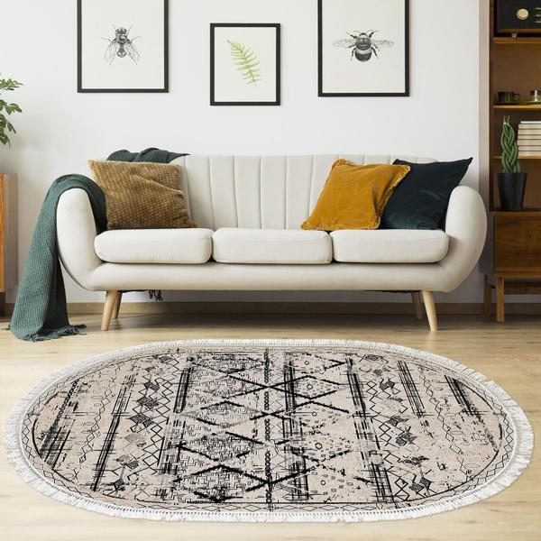 Dekoreko Kaymaz Taban Djt Salon Halısı Trend Saçaklı Oval İskandinav M5141 Gri - Image 1