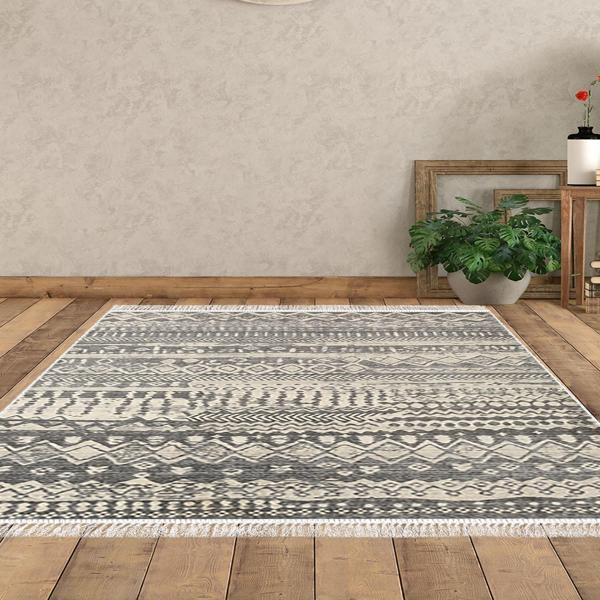 Dekoreko Kaymaz Taban Djt Salon Halısı Yıldız Deri Saçaklı İskandinav Al1104 Gri Bej - Image 1