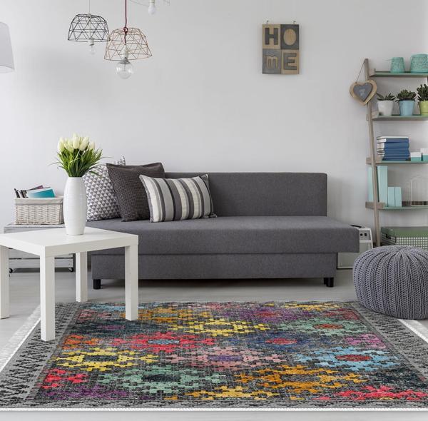 Dekoreko Kaymaz Taban Djt Salon Halısı Yıldız Deri Saçaklı İskandinav F5008 Renkli - Image 1