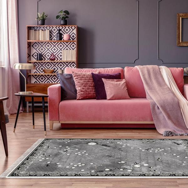 Dekoreko Kaymaz Taban Djt Salon Halısı Yıldız Deri Saçaklı Modern Mu118 Gri - Image 1