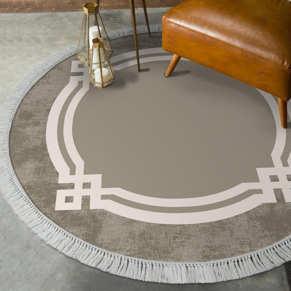 Dekoreko Kaymaz Taban Djt Salon Halısı Yıldız Deri Saçaklı Yuvarlak Modern 657M Camel - Image 1