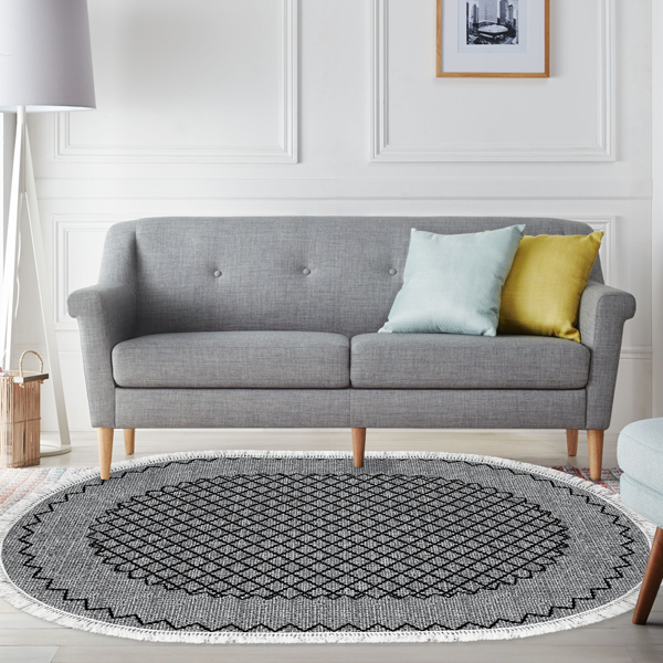 Dekoreko Kaymaz Taban Djt Salon Halısı Yıldız Deri Saçaklı Oval Modern M5001 Gri - Image 1