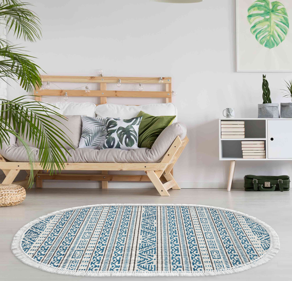 Dekoreko Kaymaz Taban Djt Salon Halısı Yıldız Deri Saçaklı Oval İskandinav F5082 - Image 1