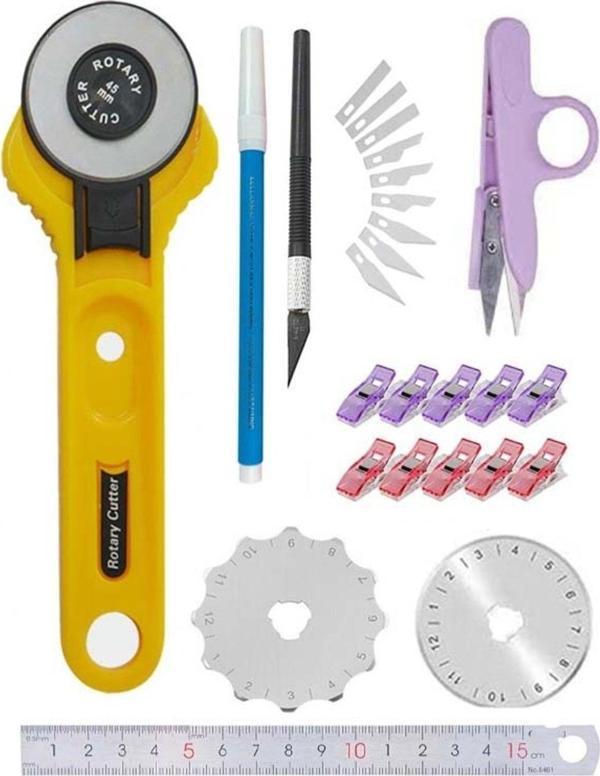 Hodbehod 45Mm Kumaş Deri Kağıt Rulet Kesici Neşter Mandal Cetvel Kraft Seti - Image 1