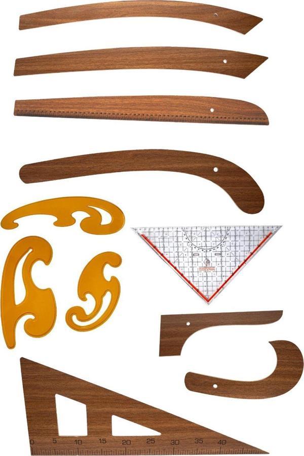 Hodbehod 11 Parça Terzi Modelist Tekstil Stilist Mdf-Plastik Cetvel Riga Gönye Kurve Geoderek Üçgen Takım Set - Image 1