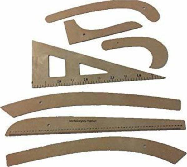 İşkur Makina 7 Parça Terzi-Modelist-Tekstil Plastik Cetvel Riga Gönye Takımı - Image 1