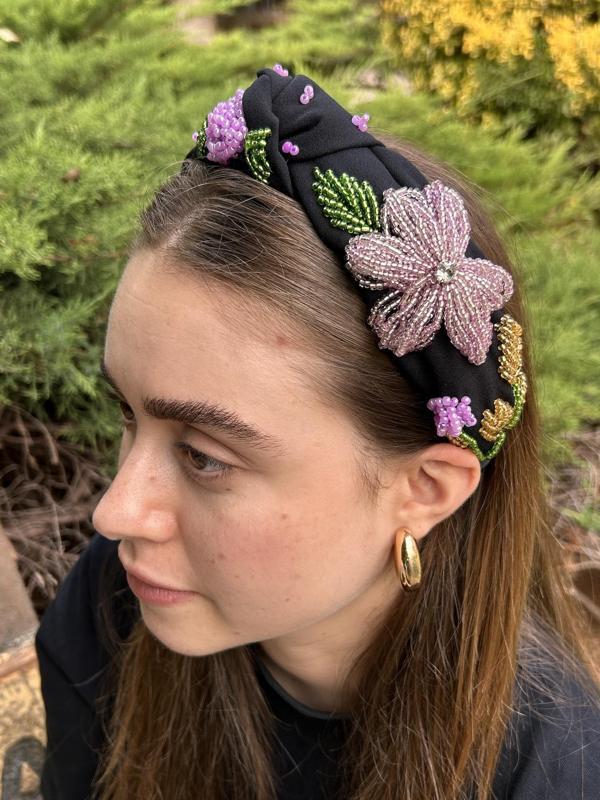 BYM8011 Tasarım Saç Aksesuarı Siyah Çiçekli Lila Detay Abiye El İşi  Kadın Saç Tacı - Image 1