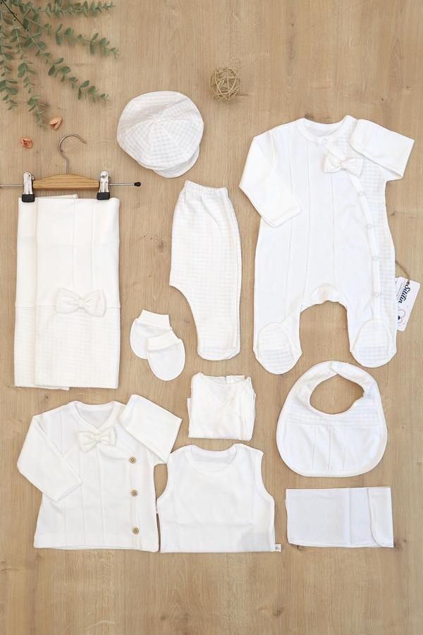 Erkek Bebek Beyaz Natıral Pamuk Kumaş Lüks 10 Lu Hastane Çıkışı Set STL6787 - Image 1