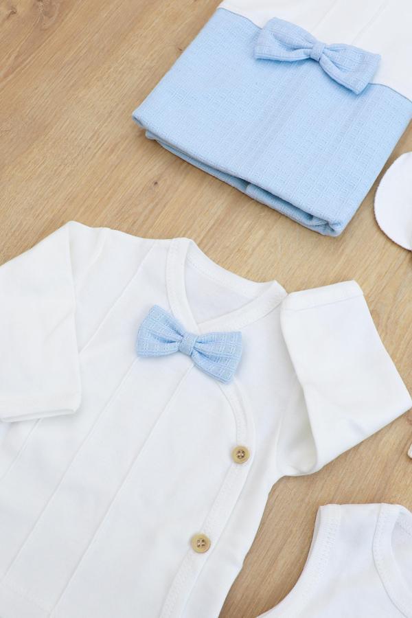 Erkek Bebek Beyaz Mavi Natıral Pamuk Kumaş Lüks 10 Lu Hastane Çıkışı Set STL6788 - Image 1