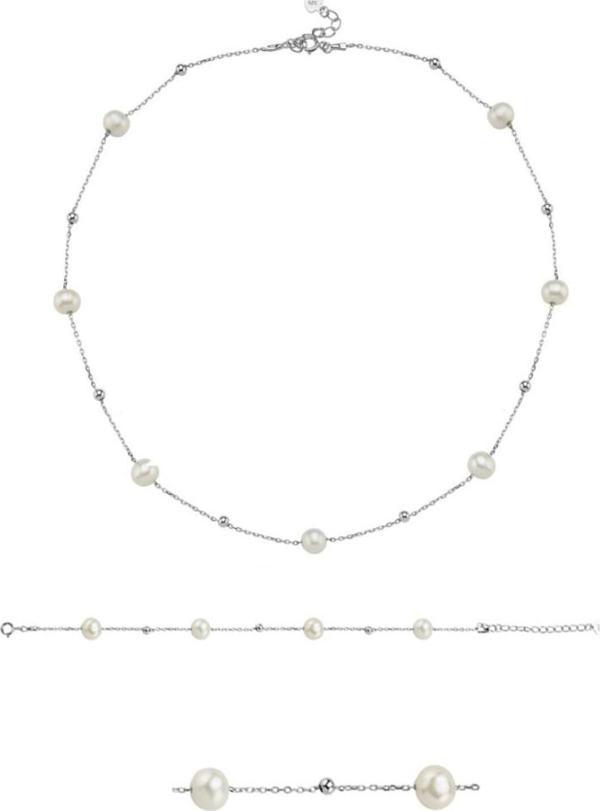Special Hakiki İnci Kadın Gümüş Kolye Bileklik İnci Set - Image 1