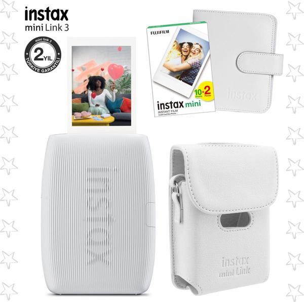 Instax mini Link 3 Beyaz Akıllı Telefon Yazıcısı Beyaz Çanta Deri Albüm ve 20'li mini Film - Image 1