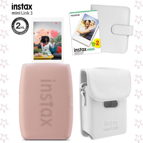 Instax mini Link 3 Pembe Akıllı Telefon Yazıcısı Beyaz Çanta Deri Albüm ve 20'li mini Film - Image 1