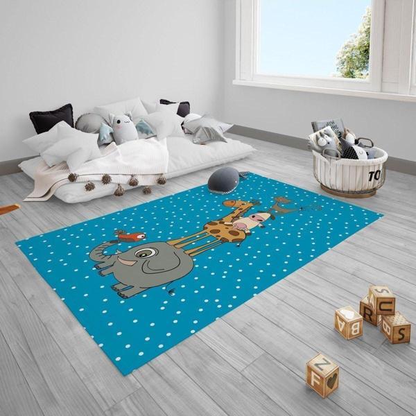 Cici Odam Puantiye, Fil, Kuş, Zürafa, Inek, Kedi Bebek Çocuk Odası Halısı - Image 1