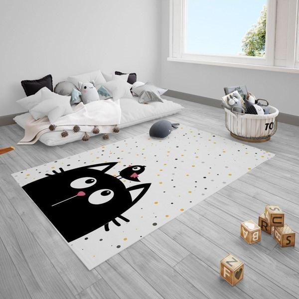 Cici Odam Renkli Puantiye Kedi Kuş Çocuk Bebek Odası Halısı - Image 1