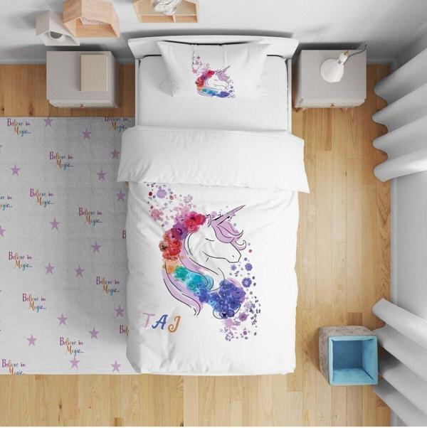 Cici Odam Çocuk Yatak Örtüsü Hediye Yastık Kılıfı Çiçekli Unicorn - Image 1
