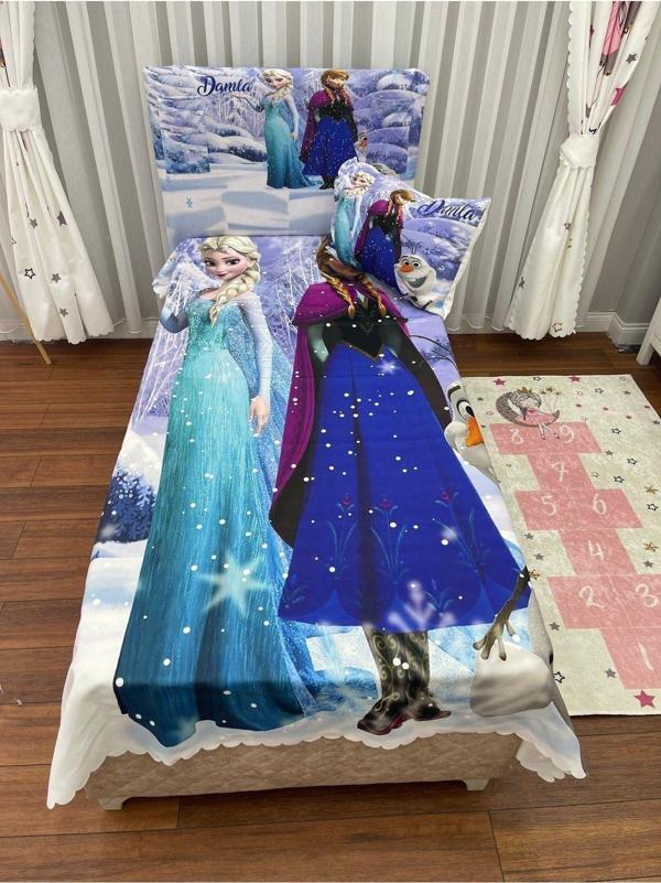 Cici Eko Elsa ve Anna Yatak Örtüsü Hediye Yastık Kılıfı Karlar Ülkesi İnce Dekoratif Petek Kumaş - Image 1