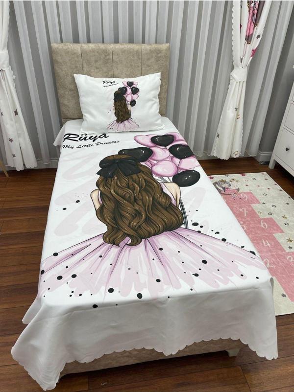 Cici Eko Balon Tutan Kız Yatak Örtüsü Hediye Yastık Kılıfı Puantiyeli İnce Dekoratif Petek Kumaş - Image 1
