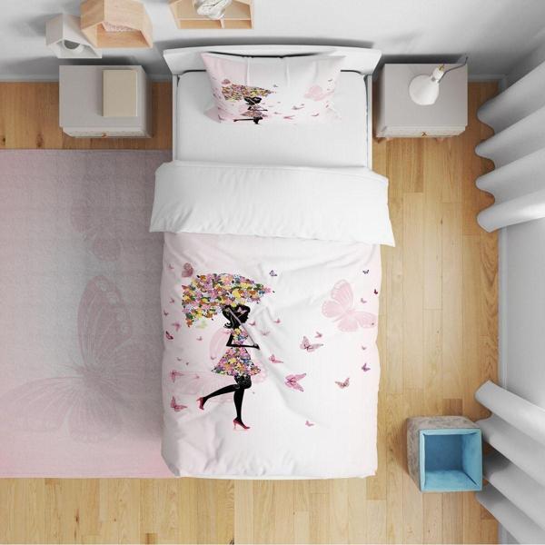 Cici Odam Yatak Örtüsü Peri Ve Çiçekli Şemsiye 140x220 Yastık Kılıfı Hediye - Image 1
