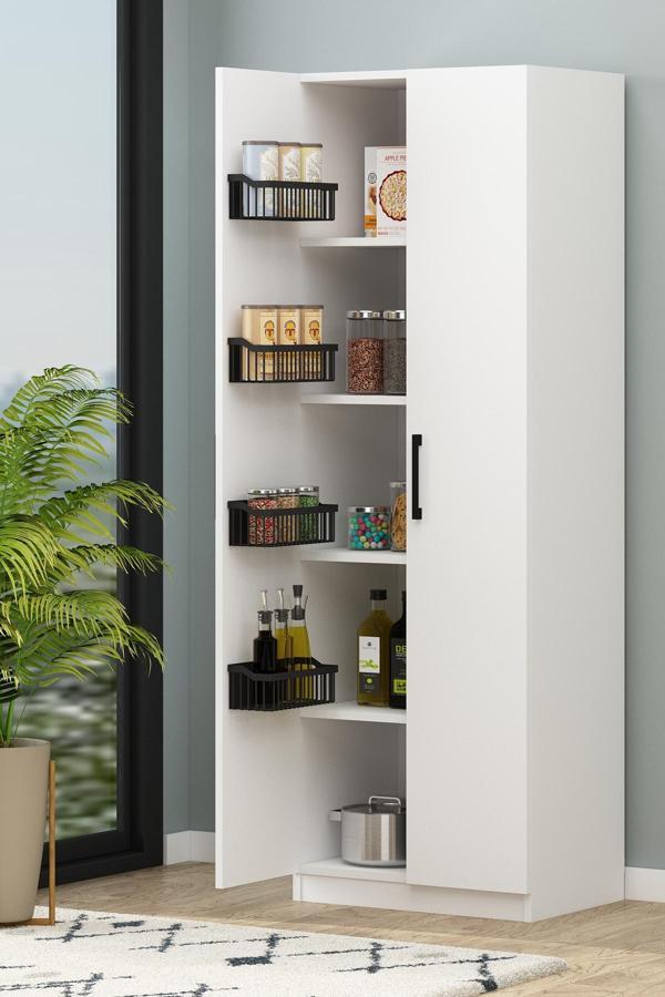 Tiba Sepetli Beyaz 4 Raflı Bazalı Çok Amaçlı Dolap Banyo Dolabı Erzak Dolabı - Image 1