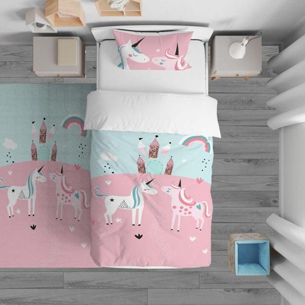 Cici Odam Çocuk Bebek Nevresim Takımı Unicornlu Atlar Şato Gökkuşağı - Image 1