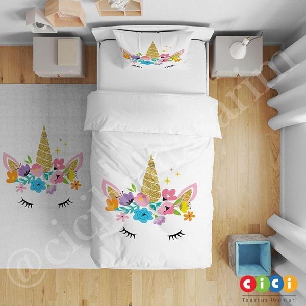 Cici Odam Yatak Örtüsü Çiçek Taçlı Unicorn 140x220 - Yastık Kılıfı Hediye - Image 1
