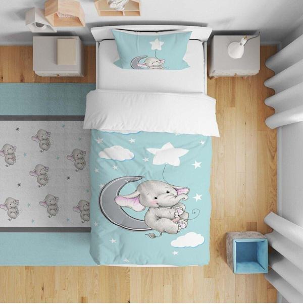 Cici Odam Yatak Örtüsü Ay Üzerinde Fil Ve Yıldızlar 140x220 - Yastık Kılıfı Hediye - Image 1
