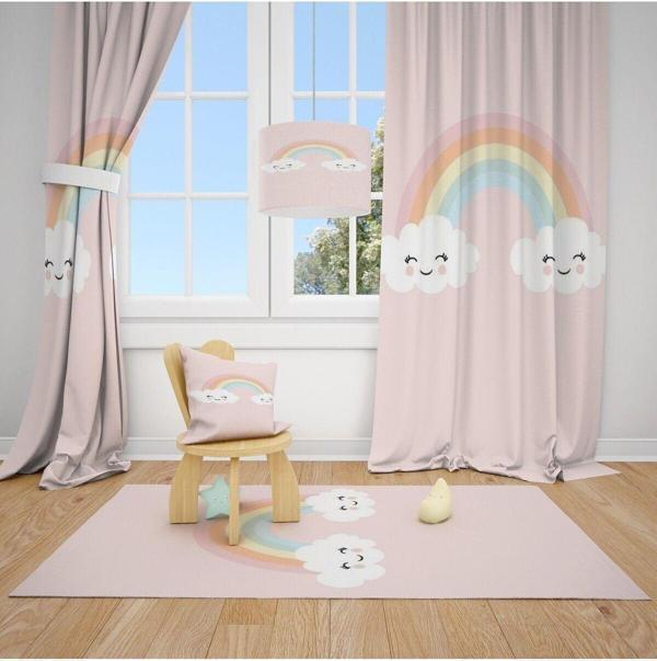 Cici Odam Cici Halı Sevimli Bulutlar Ve Gökkuşağı Çocuk Bebek Odası Fon Perde 1 Kanat 70x260 - Image 1