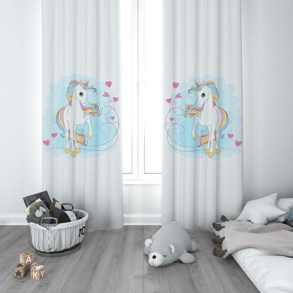 Cici Odam 1 Kanat Çocuk Odası Perdesi Fon Perde Renkli Unicorn ve Kalpler - Image 1