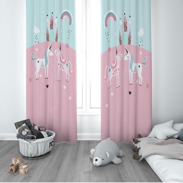 Cici Odam 1 Kanat Çocuk Odası Perdesi Fon Perde Unicornlu Atlar Şato Gökkuşağı - Image 1
