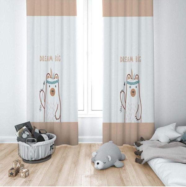 Cici Odam 1 Kanat Çocuk Odası Perdesi Fon Perde Kızılderili Ayıcık Dream Big - Image 1