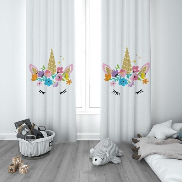 Cici Odam 1 Kanat Çocuk Odası Perdesi Fon Perde Kirpikli Unicorn - Image 1