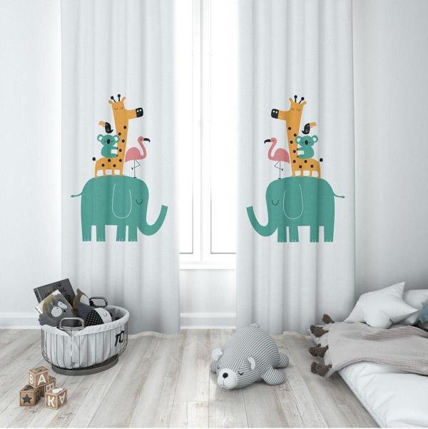 Cici Odam 1 Kanat Çocuk Odası Perdesi Fon Perde Fil Flamingo Koala Zürafa Karga - Image 1